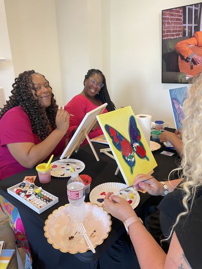 Guests painting together at a Duran Fun Lab Paint Lab event